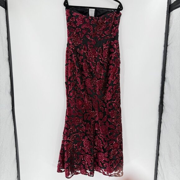 Dress The Population Sequin Floral Lace Fernanda Gown Strapless Burgundy, XL - Picture 3 of 11